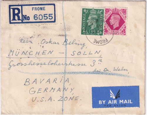 England - 8+1/2 P. George VI. Luftpost-Einschreibebrief Frome - München 1949