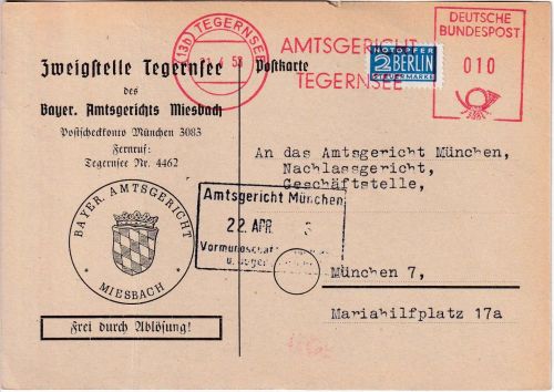 BRD - Tegernsee 1953 10 Pfg. AFS "Amtsgericht" Karte/Frei d. Ablösung n. München