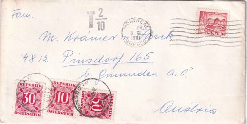 Kanada - 3 C. Weihnachten Brief n. ÖSTERREICH Montreal - Pinsdorf 1967 Nachporto
