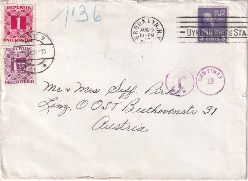 USA - 3 C Jefferson Brief n. ÖSTERREICH Brooklyn - Linz 1951 - 2,35 S. Nachporto