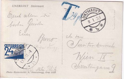 Österreich - 24g Portomarke unfrankierte Karte Unzmarkt - Wien 1933