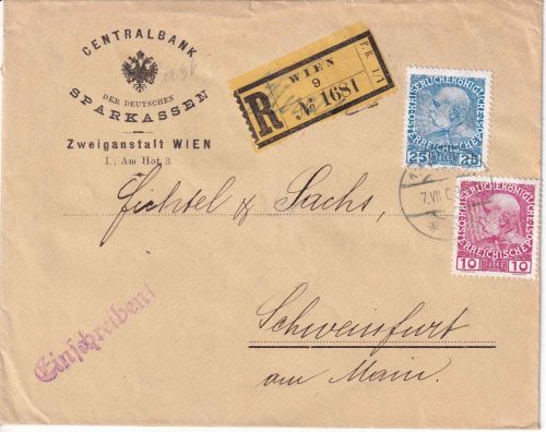 Österreich - 25+10 H. Franz-Joseph Einschreibebrief Wien - Schweinfurt 1909