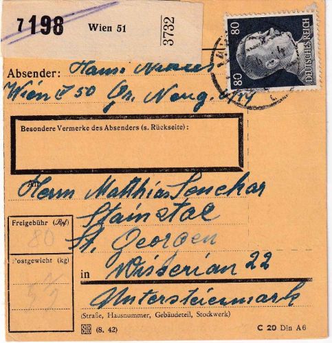 DR - 80 Pfg. AH Paketkarte Wien 51 - St. Georgen 5.9.44