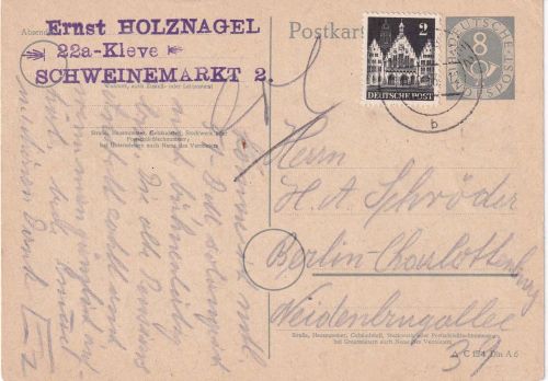 BRD - 8 Pfg. Posthorn Ganzsache + 2 Pfg. Bauten Kleve - Berlin 1953