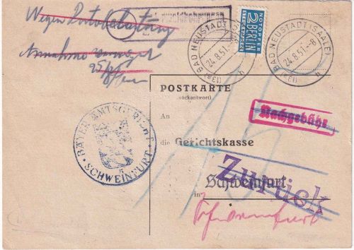 BRD - (13a) Unterwaldbehrungen ü. Bad Neustadt Landpost-Ra2 Karte 1951 Nachporto