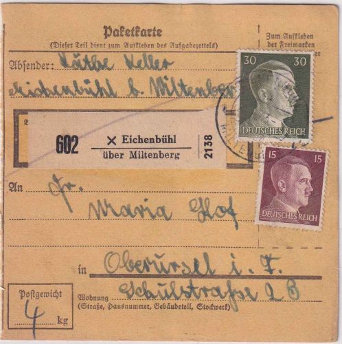 DR - 30+15 Pfg. AH Paketkarte Eichenbühl ü. Miltenberg Poststelle I 1943