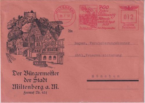 DR - Miltenberg 1937 12 Pfg AFS "700 Jahre...Festwoche" illustr. Brief n München