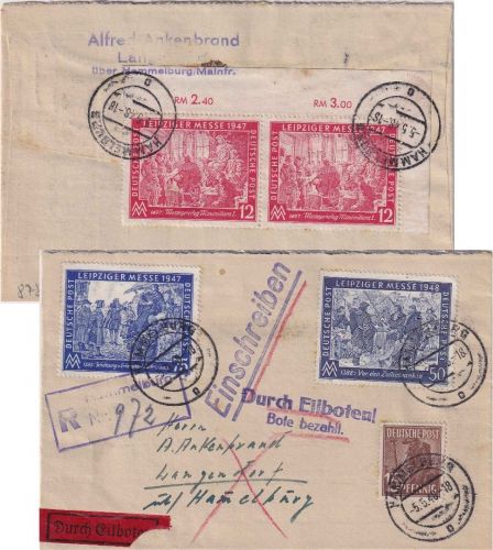 All.Bes. - 12 Pfg. Leipziger Messe Paar/Bogenecke u.a. Eil-Einschreibebrief 1948