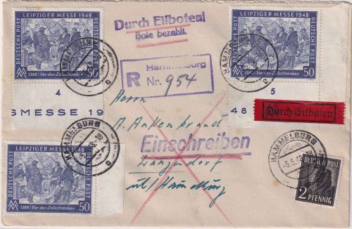 All.Bes. - 3x50 Pfg. Leipziger Messe Bogenränder u.a. Eil-Einschreibebrief 1948
