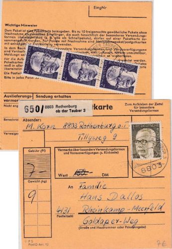 BRD - 3x2+1 DM Heinemann Paketkarte Rothenburg o/T. 3 - Rheinkamp 1971