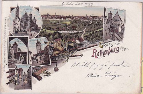Bayern - Rothenburg o/T Rathaus Schmiedgasse etc. Mehrbild-Farblitho 1897