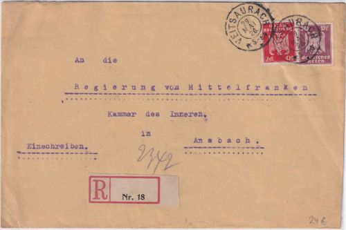 DR - 30+10 Pfg. Adler Einschreibebrief bayer. K2 Veitsaurach - Ansbach 1926