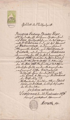 Bayern - Lichtenau 50 Pfg. Stempelmarke Geburts- u. Taufzeugnis 1876