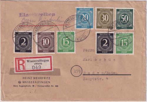 All.Bes. - 50 Pfg Ziffer ua. Einschreibebrief gg. Rückschein Wasseralfingen 1946