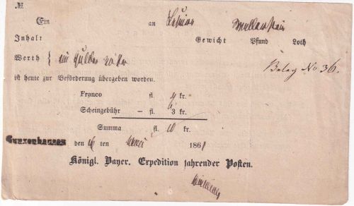 Bayern - Gunzenhausen L1 Fahrpostaufgabeschein (Wertpaket n. Wallerstein 1861