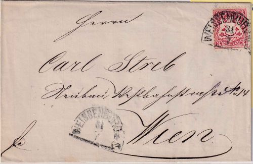 Bayern - 3 Kr. Wappen gez. Brief n. ÖSTERREICH HKS Weissenburg a/S. 31/7 (1872)