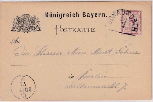 Bayern - Donauwörth 29/3 HKS 5 Pfg. Rauten Ganzsache n. Berlin 1883