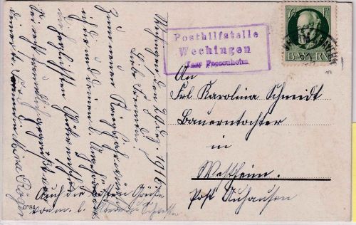 Bayern - Wechingen T. Fessenheim Posthilfstellen-Ra3 Neujahrskarte 1916
