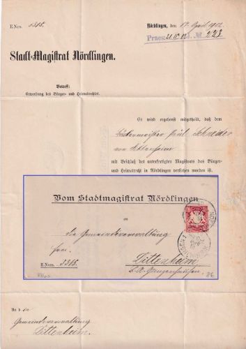 Bayern - 10 Pfg. Wappen Brief Noerdlingen - Dittenheim 1902 - mit Inhalt