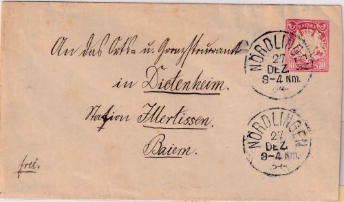 Bayern - 10 Pfg. Wappen Ganzsache/Brief Nördlingen - Dietenheim 1884
