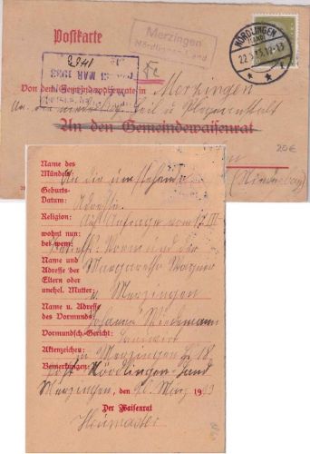 DR - Merzingen Nördlingen Land Landpost-Ra2 Karte n. Mainkofen 1933