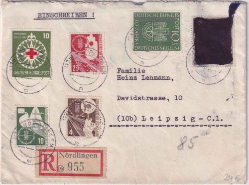 BRD/Postkrieg - 10 Pfg. Kriegsgefangene/Schwärzung u.a. Einschreibebrief 1953