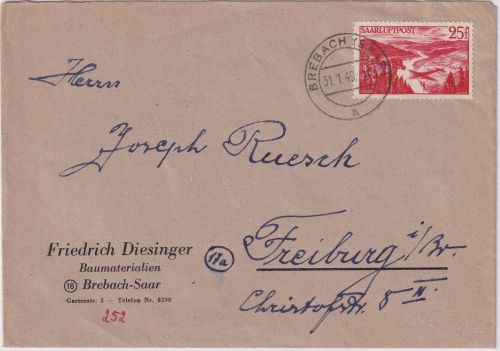 Saarland - 25 Fr. Saarluftpost Brief Brebach - Freiburg Br. 31.1.49
