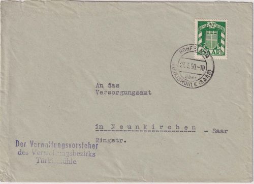Saarland - 20 Fr. Dienst Dienstbrief 21-50g Nohfelden ü. Türkismühle 27.5.50