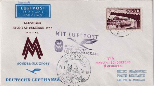 Saarland - Interflug Leipziger Messe Berlin-Leipzig Zuleitungspost 1956