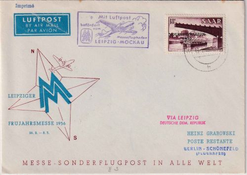 Saarland - Interflug Leipziger Messe Berlin-Leipzig Zuleitungspost 1956