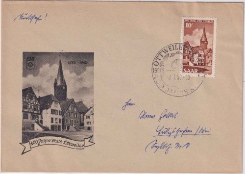 Saarland - 10 Fr. 400 Jahre Ottweiler Schmuck-FDC m. ESST 8.7.50