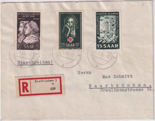 Saarland - 25 Fr. Rotes kreuz u.a. Ortseinschreibebrief Saarbrücken 1953