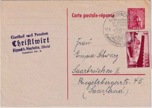 Saarland - 15 Fr. Mikroskop Ganzsache/Antwortteil+Zusatz v. ÖSTERREICH 1955