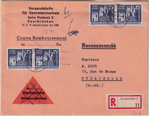Saarland/OPD - 4x15 Fr. 100 J. Merzig Einschreibebrief/FDC Saarbrücken 25.5.57
