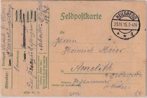 DR - Heilsberg 23.11.15 Feldpostkarte (Bewachungseinheit Kgf.-Btl.) n. Amelith