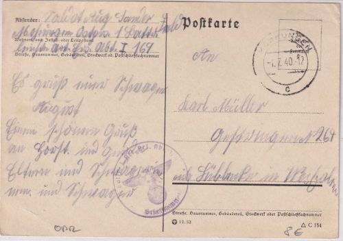 DR - Mohrungen 1.7.40 Feldpostkarte (Art.Ers.Abt. I, 169) n. Lübbecke