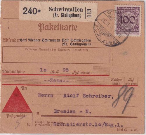 DR - 100 Pfg. Korbdeckel Nachnahme-Paketkarte Schwirgallen - Dresden 26.11.31