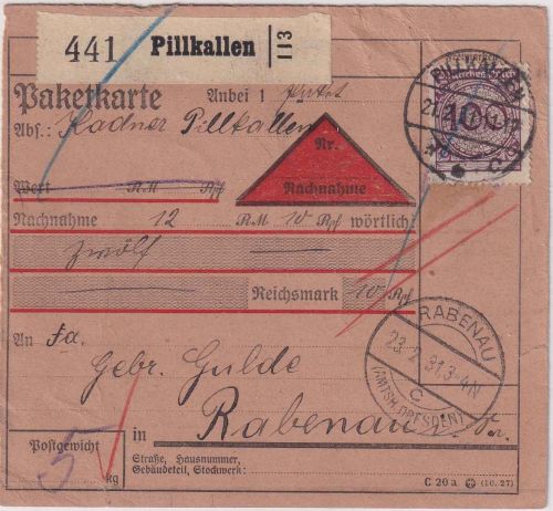 DR - 100 Pfg. Korbdeckel Nachnahme-Paketkarte Pillkallen - Rabenau 21.2.31