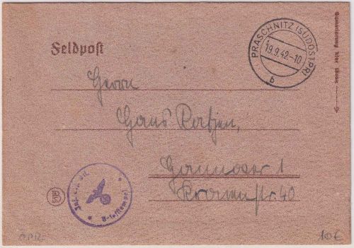DR - Praschwitz (Südostpreussen) 19.9.42 Feldpostbrief n. Hannover