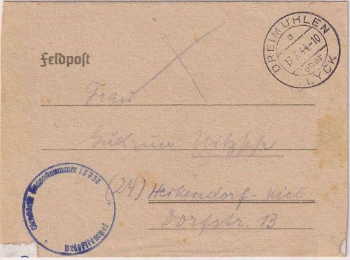 DR - Dreimühlen ü. Lyck 17.7.44 Poststelle I Feldpostbrief n. Heikendorf