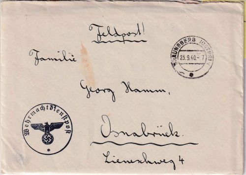 DR - Braunsberg (Ostpr.) 23.9.40 Feldpostbrief n. Osnabrück - mit Inhalt !