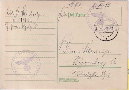 DR - Nasielsk (Südostpreussen) 2.11.43 Feldpostkarte Fp.Nr. L51916 n. Nürnberg