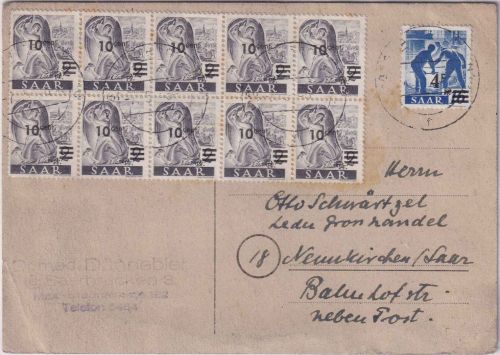 Saarland - 10C./2 Pfg. 10er-Block u. 4 Fr./16 Pfg. Freimarken Karte 7.5.48
