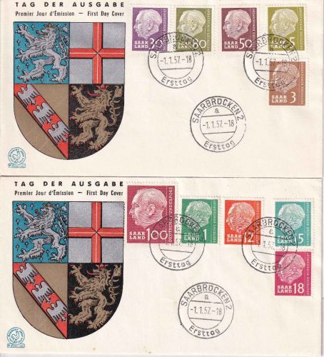 Saarland/OPD - Heuss 10 verausg. Werte (1.1.) 2 Schmuck-FDC EST Saarbrücken 1957