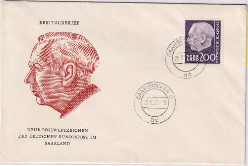Saarland/OPD - 200 (Fr.) Heuss Schmuck-FDC EST Saarbrücken 2 - 25.5.57