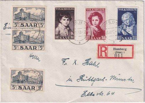 Saarland - Volkshilfe 1952 u.a. Einschreibebrief Homburg - Stuttgart 23.11.52