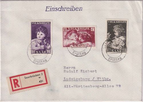 Saarland - Volkshilfe 1952 u.a. Einschreibebrief Homburg - Stuttgart 23.11.52