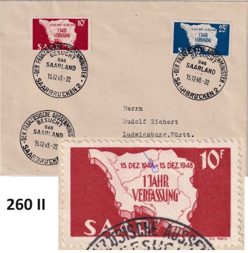Saarland - 10 (Type II !!) + 25 Fr. Verfassung FDC ESST Saarbrücken 15.12.48