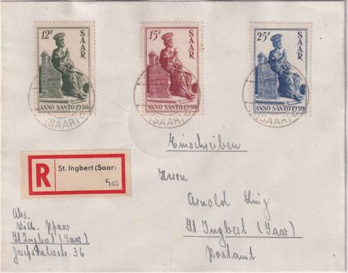 Saarland - Heiliges Jahr Satzbrief/Einschreiben St. Ingbert 8.10.50