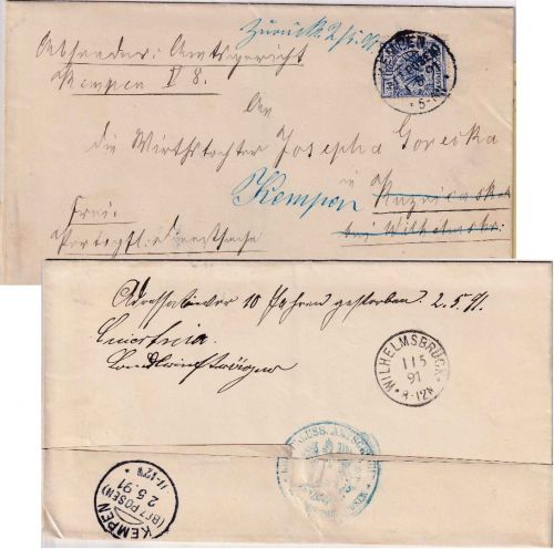 DR - 20 Pfg. K/A Dienstbrief KOS Kempen (Bz. Posen) 1.5.91 Retoruvermerk